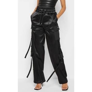 SATIN & VEGAN LEATHER CARGO TROUSERS - BLACK